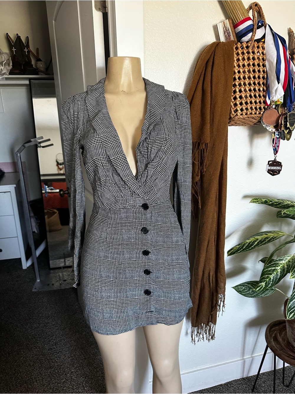 Reformation Black and White Plaid Long-Sleeve Blazer Dress